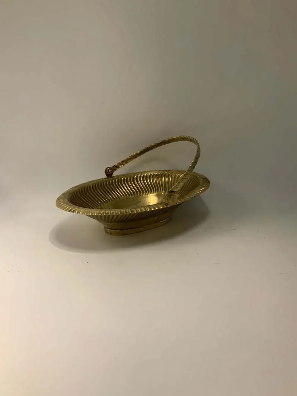 Vintage Brass Ribbed Basket with Swing Handle Pedestal Bowl